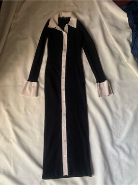 Black and Cream Long Button-Front Knit Dress